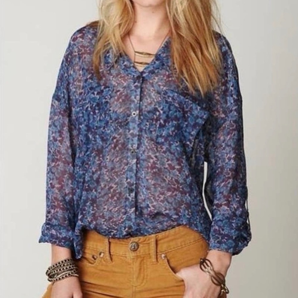Free People Navy Floral Sheer Blouse